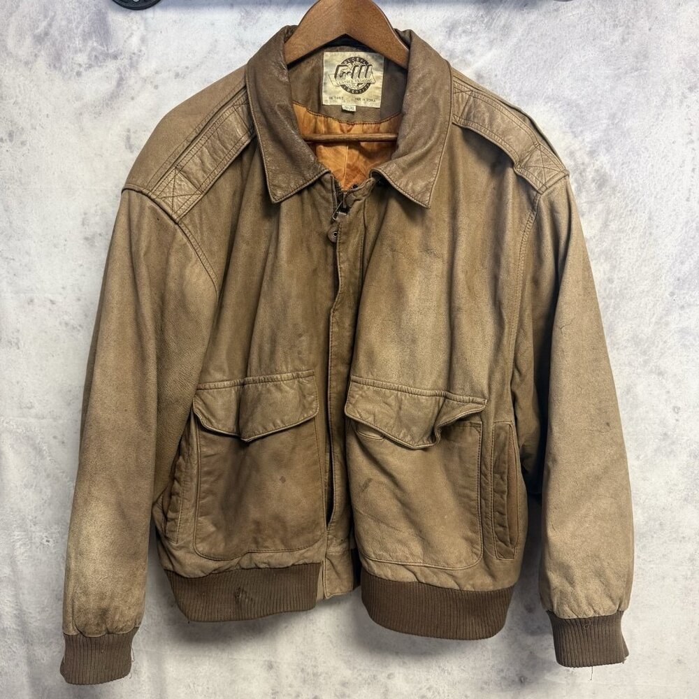 G-III Global Identity Leather Bomber Jacket Brown Korea Size 18/20 25x25.5